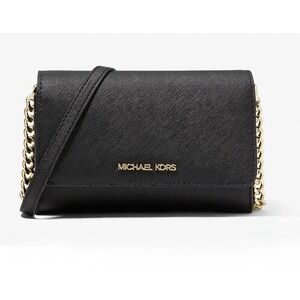 Michael Kors Jet Set Saffiano Leather Smartphone Crossbody Black Gold Timeless